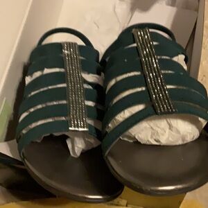 Green Strappy Sandals with Silver Accents